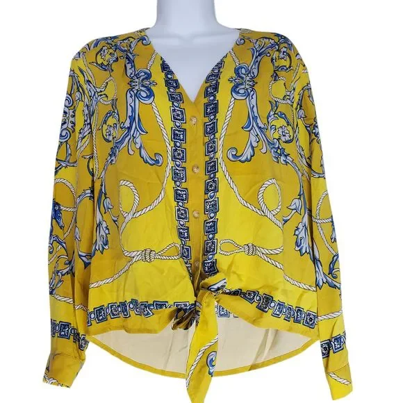Anthropologie Maeve Elan Scarf Print Blouse 0 Yellow Horse Tie Front Equestrian - Picture 2 of 15